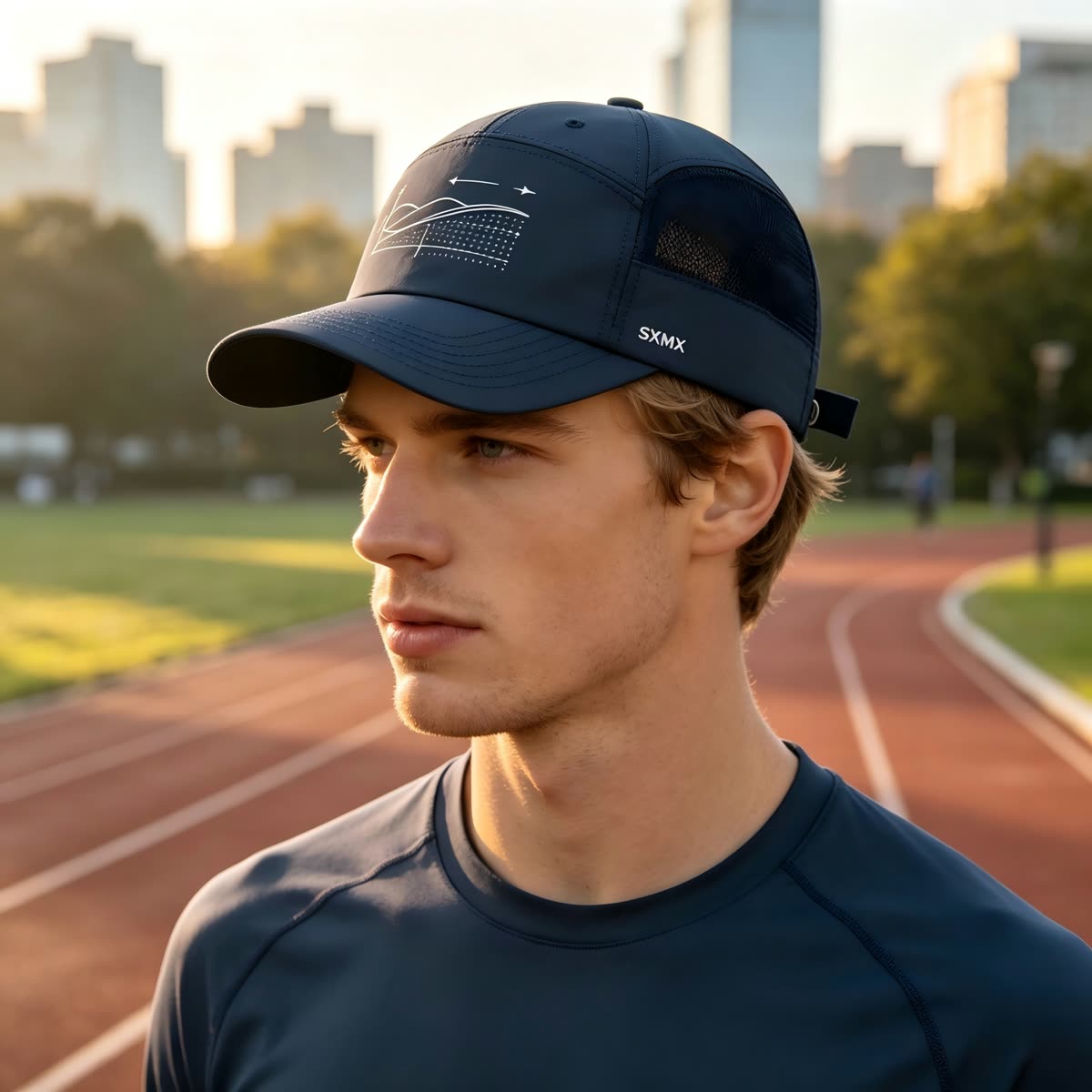 Custom Wave Chart Print Camp Cap with Mesh Back on model