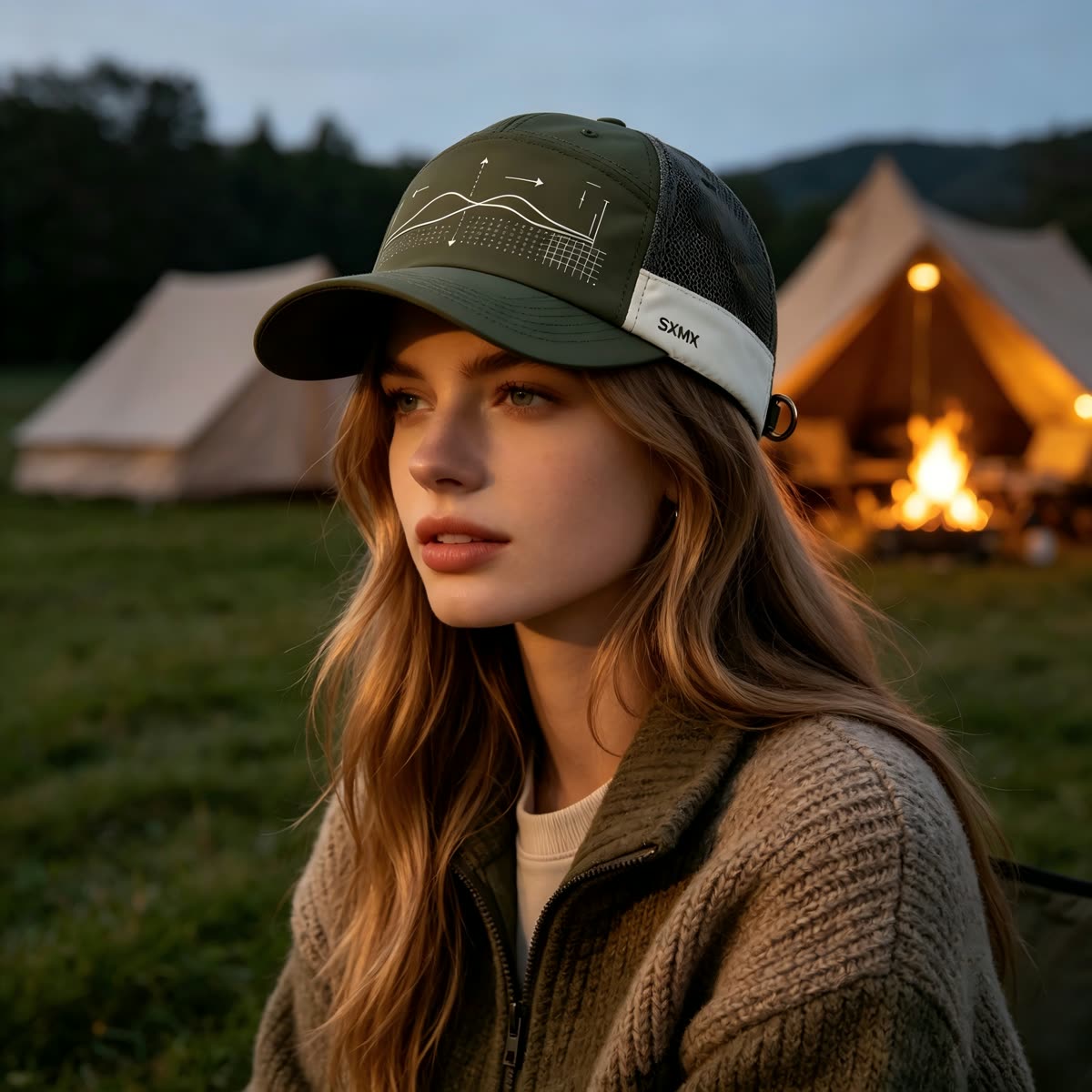Custom Wave Chart Print Camp Cap with Mesh Back on model