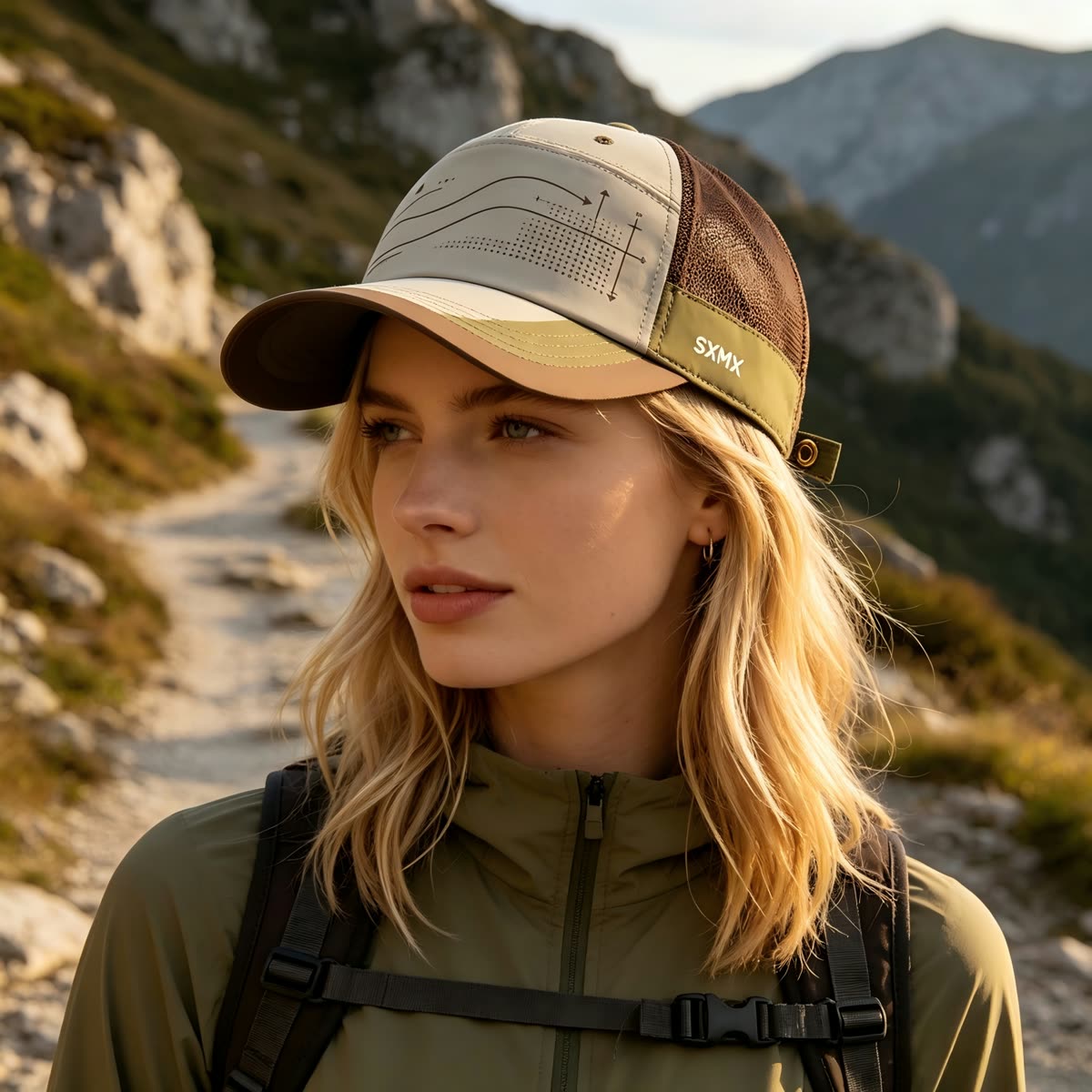Custom Wave Chart Print Camp Cap with Mesh Back on model