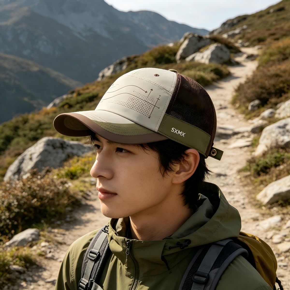 Custom Wave Chart Print Camp Cap with Mesh Back on model