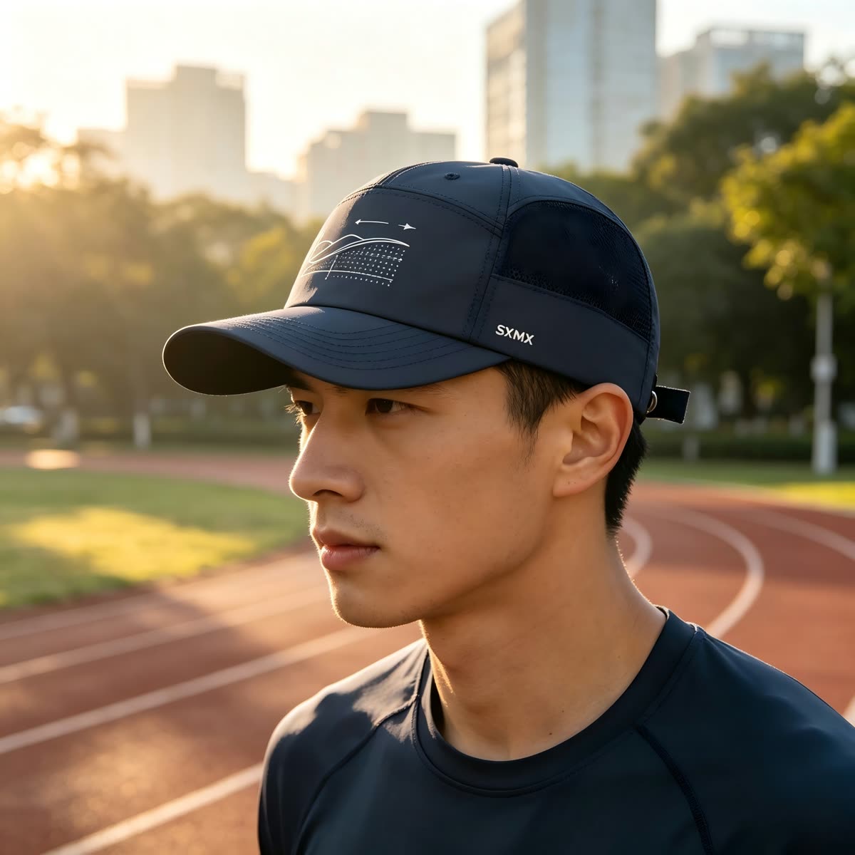 Custom Wave Chart Print Camp Cap with Mesh Back on model