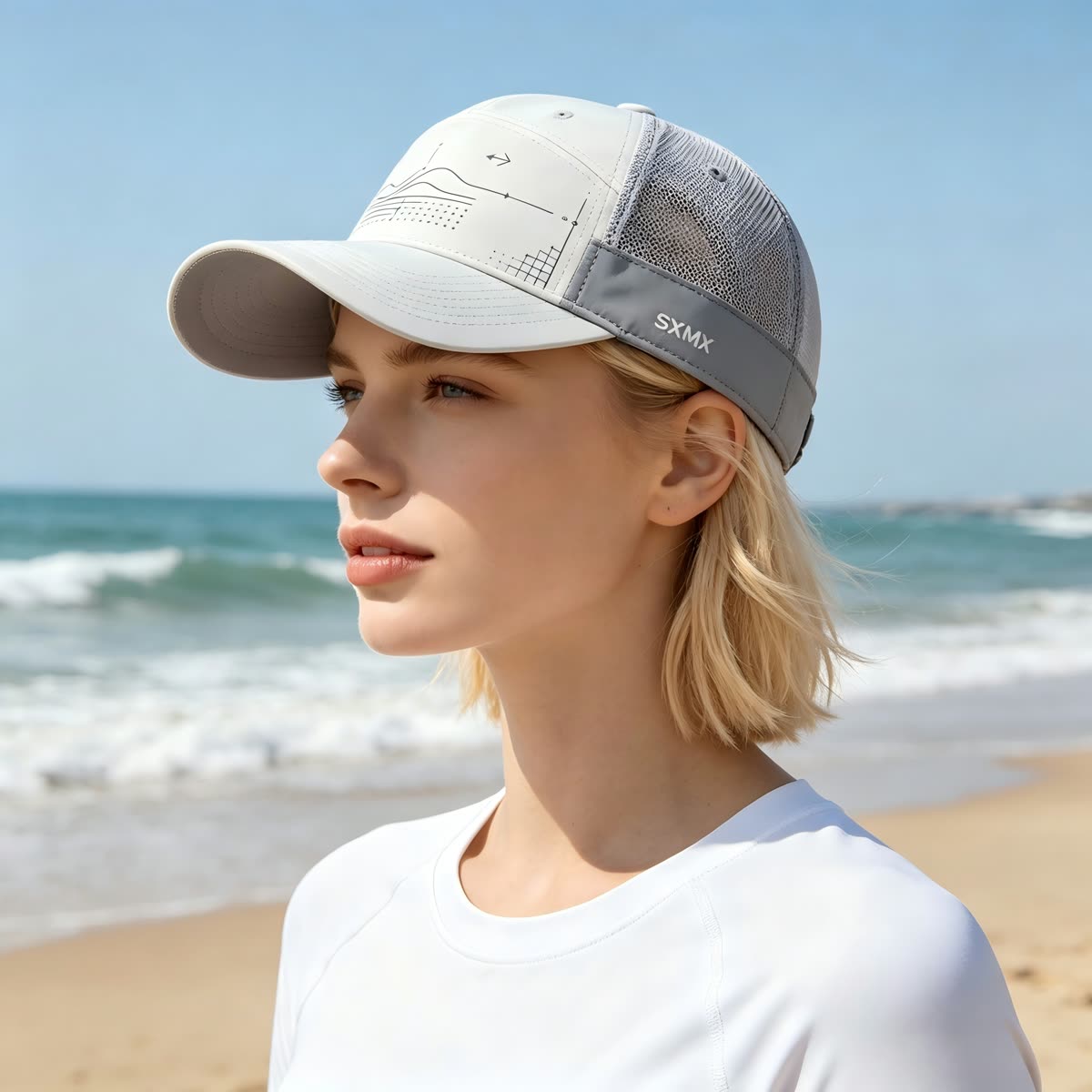 Custom Wave Chart Print Camp Cap with Mesh Back on model