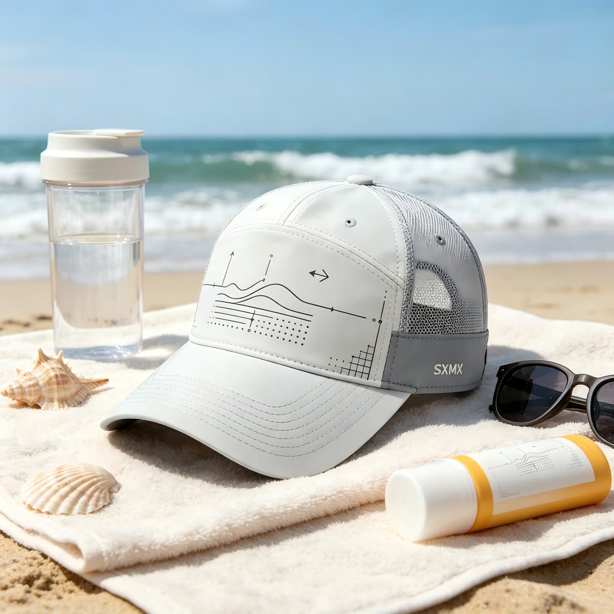 Custom Wave Chart Print Camp Cap with Mesh Back scene