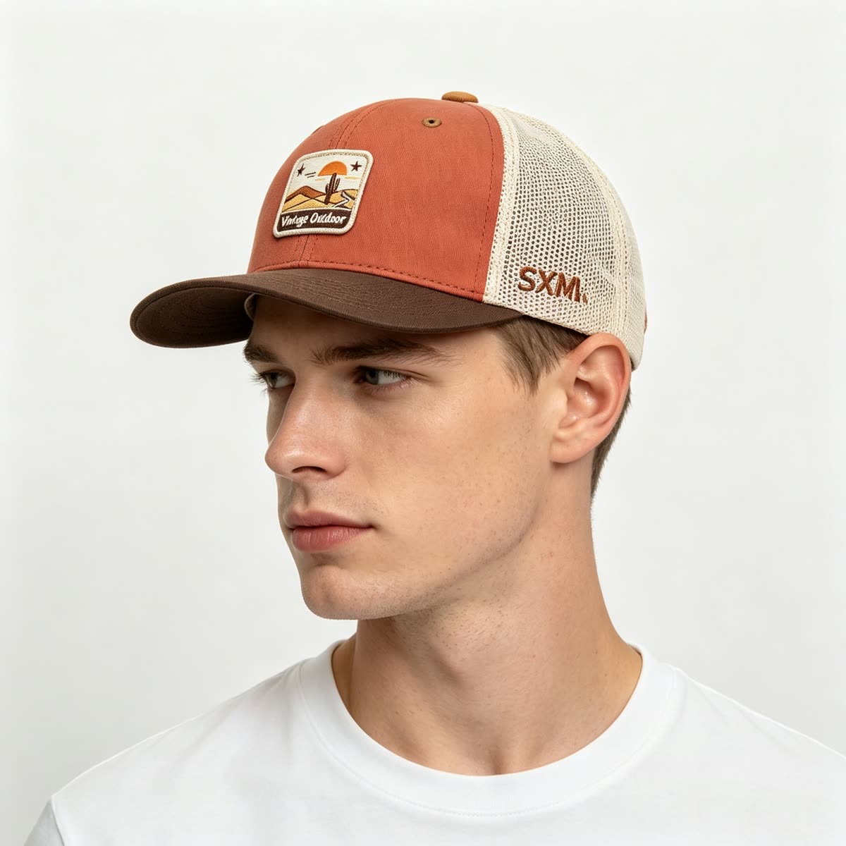 Custom Desert Sunset Patch Trucker Cap on model