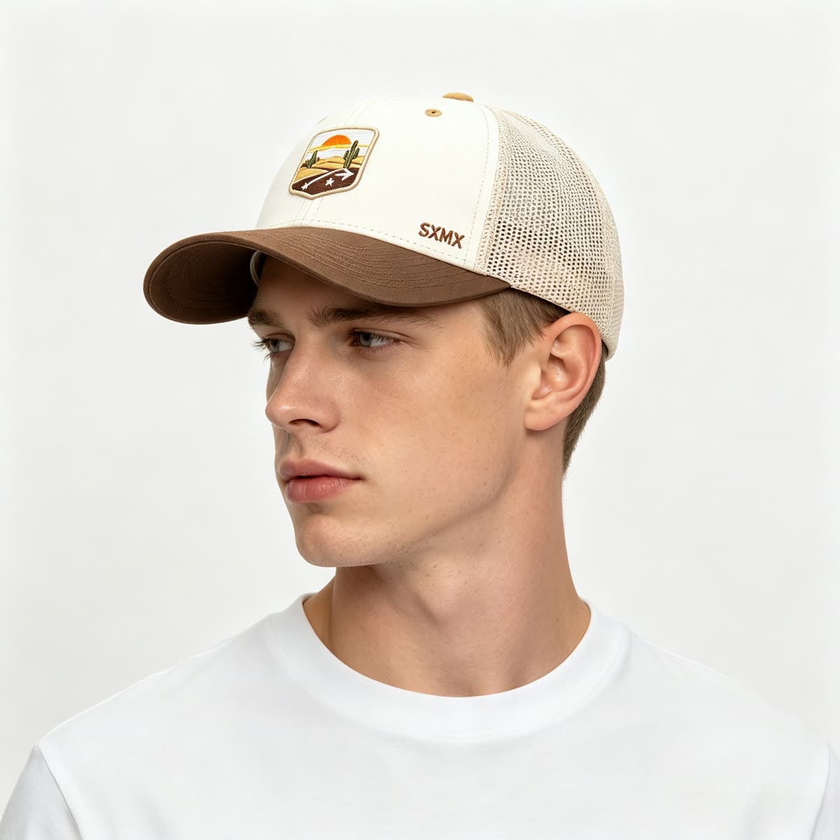 Custom Desert Sunset Patch Trucker Cap on model