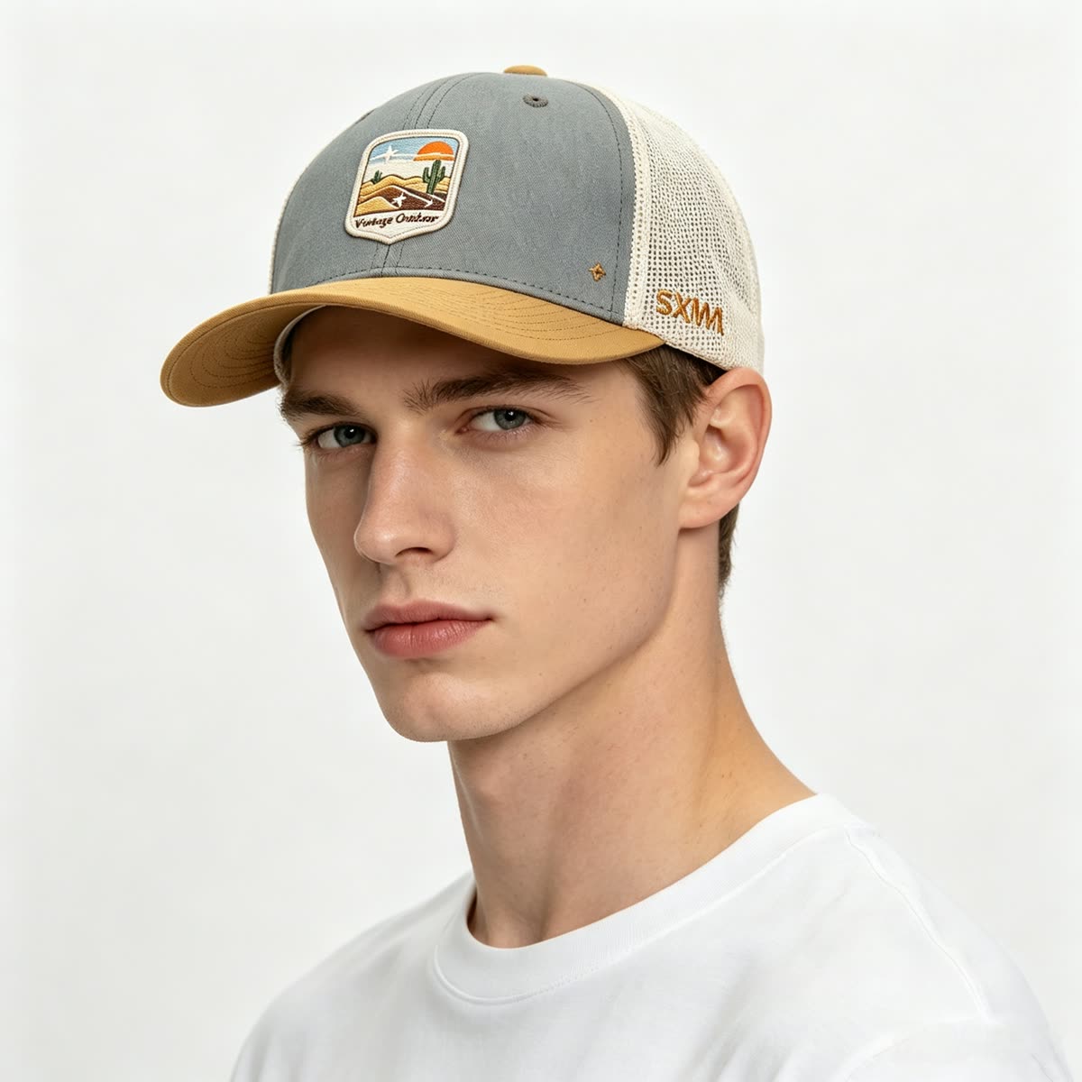 Custom Desert Sunset Patch Trucker Cap on model