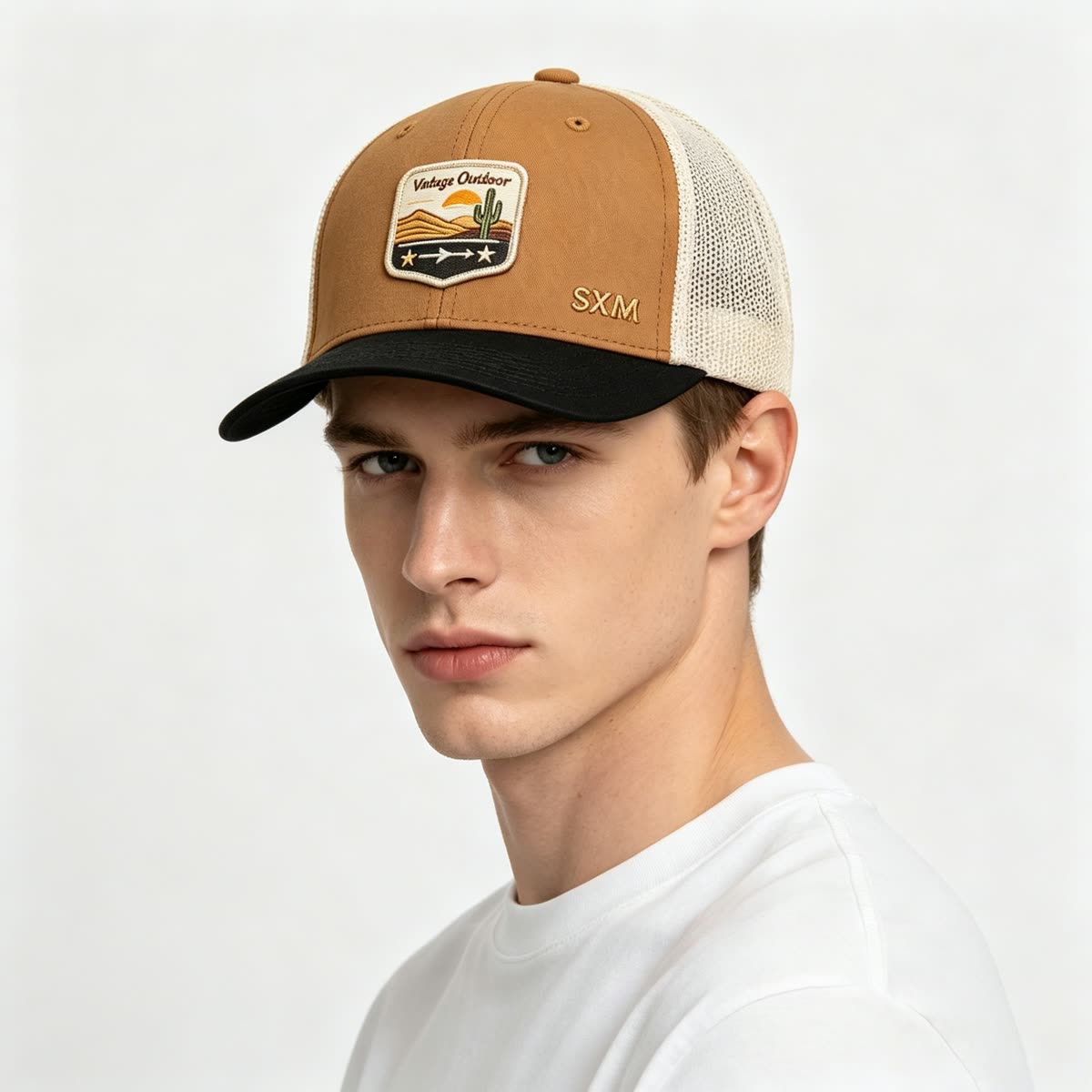 Custom Desert Sunset Patch Trucker Cap on model