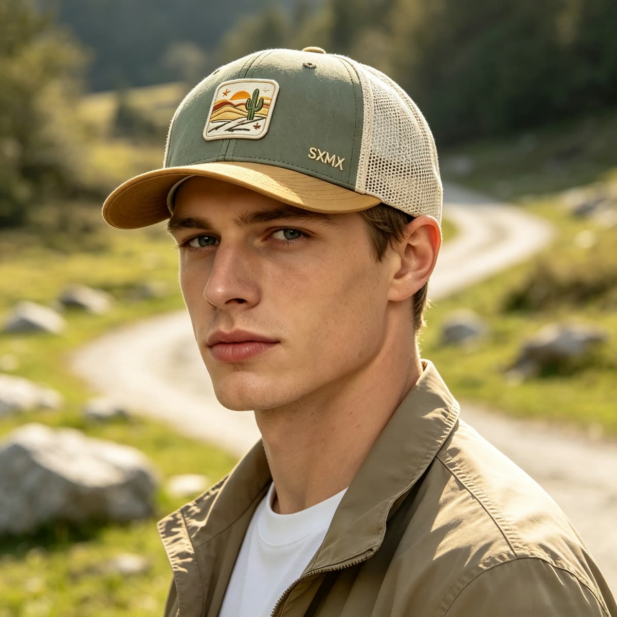 Custom Desert Sunset Patch Trucker Cap on model