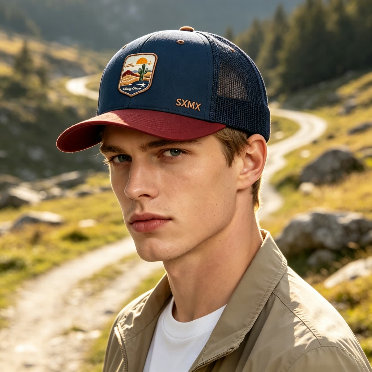 Custom Desert Sunset Patch Trucker Cap on model