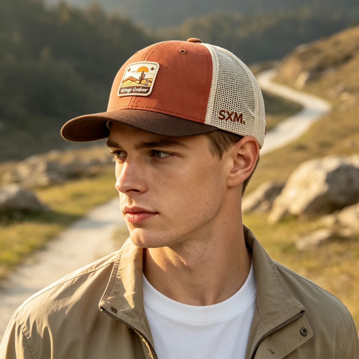Custom Desert Sunset Patch Trucker Cap on model