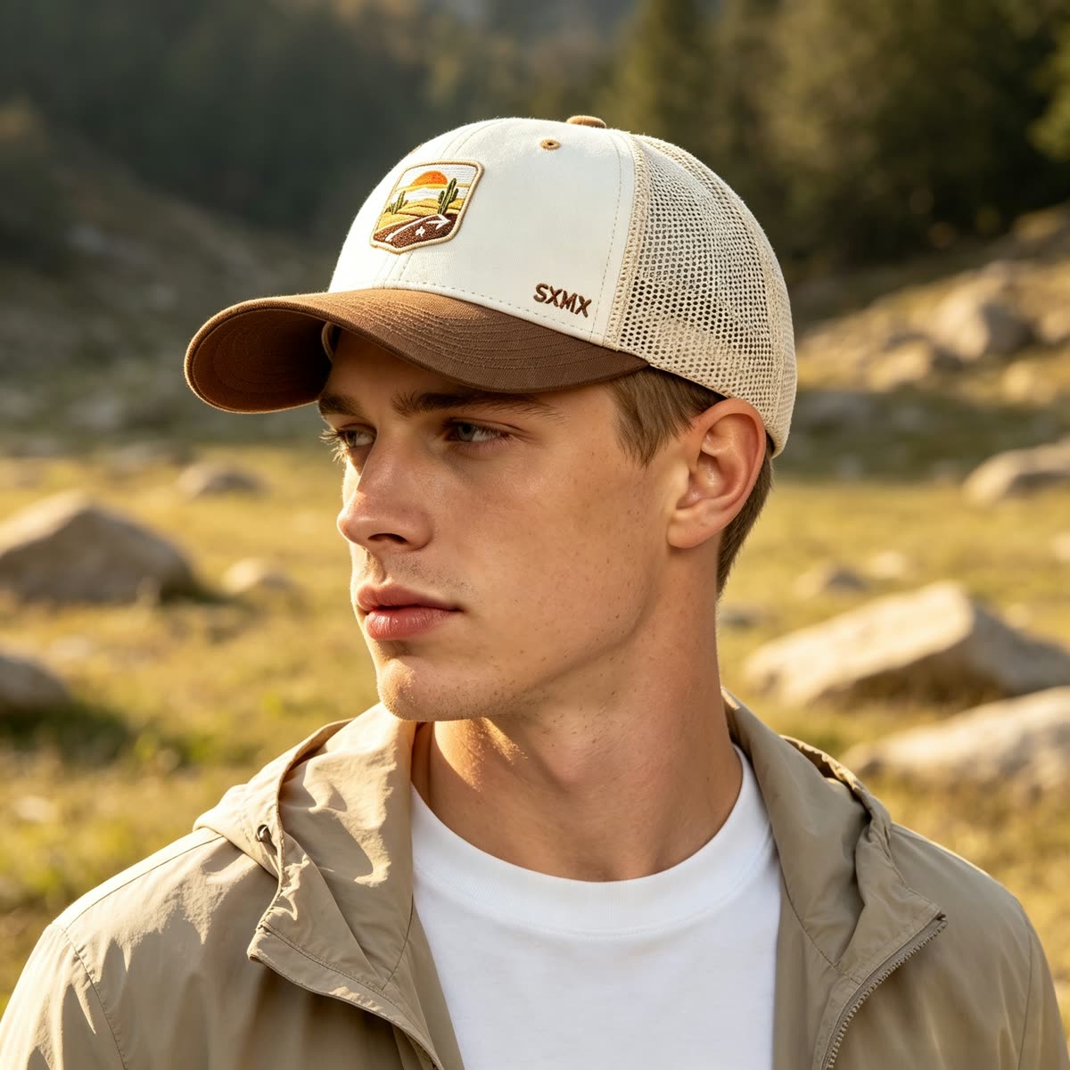 Custom Desert Sunset Patch Trucker Cap on model