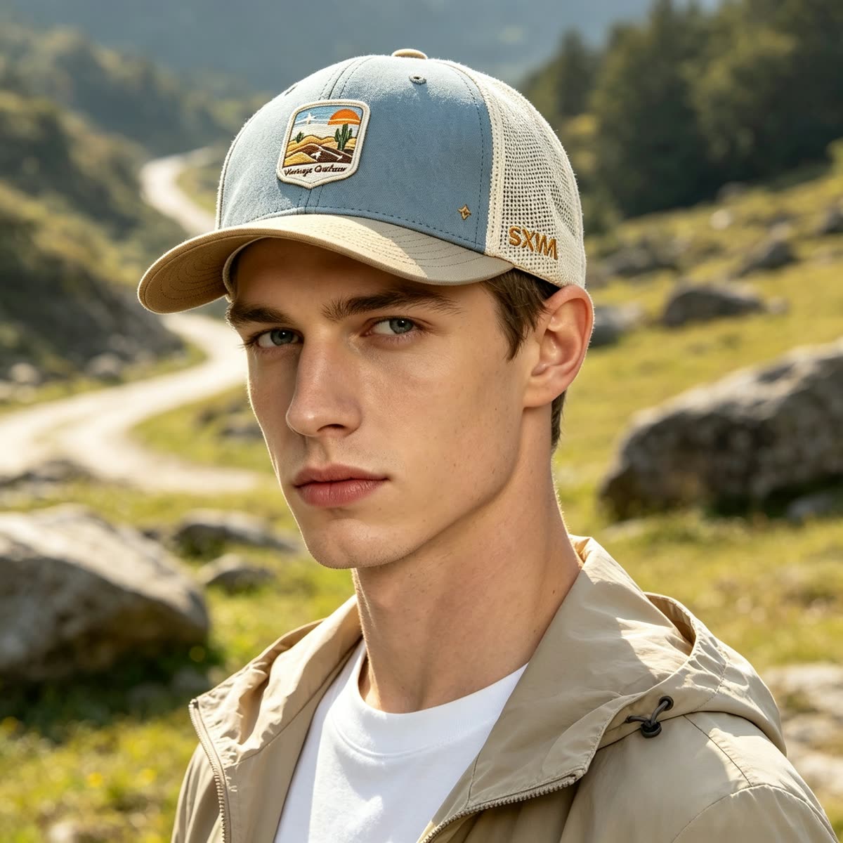 Custom Desert Sunset Patch Trucker Cap on model