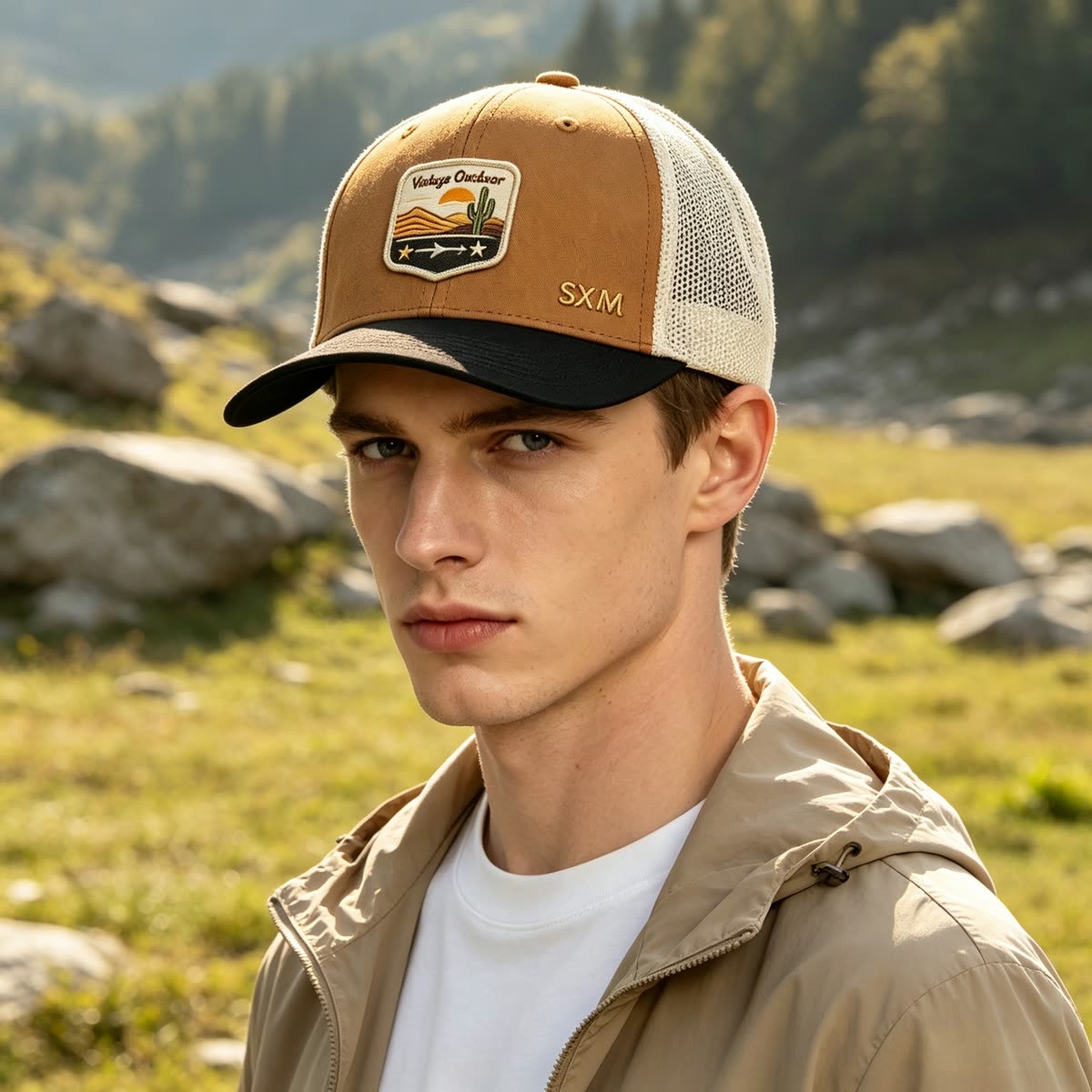 Custom Desert Sunset Patch Trucker Cap on model