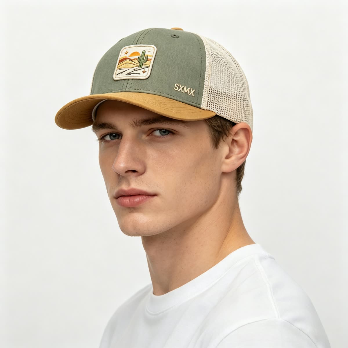 Custom Desert Sunset Patch Trucker Cap on model