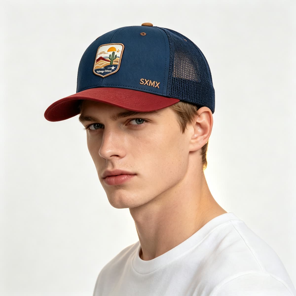Custom Desert Sunset Patch Trucker Cap on model