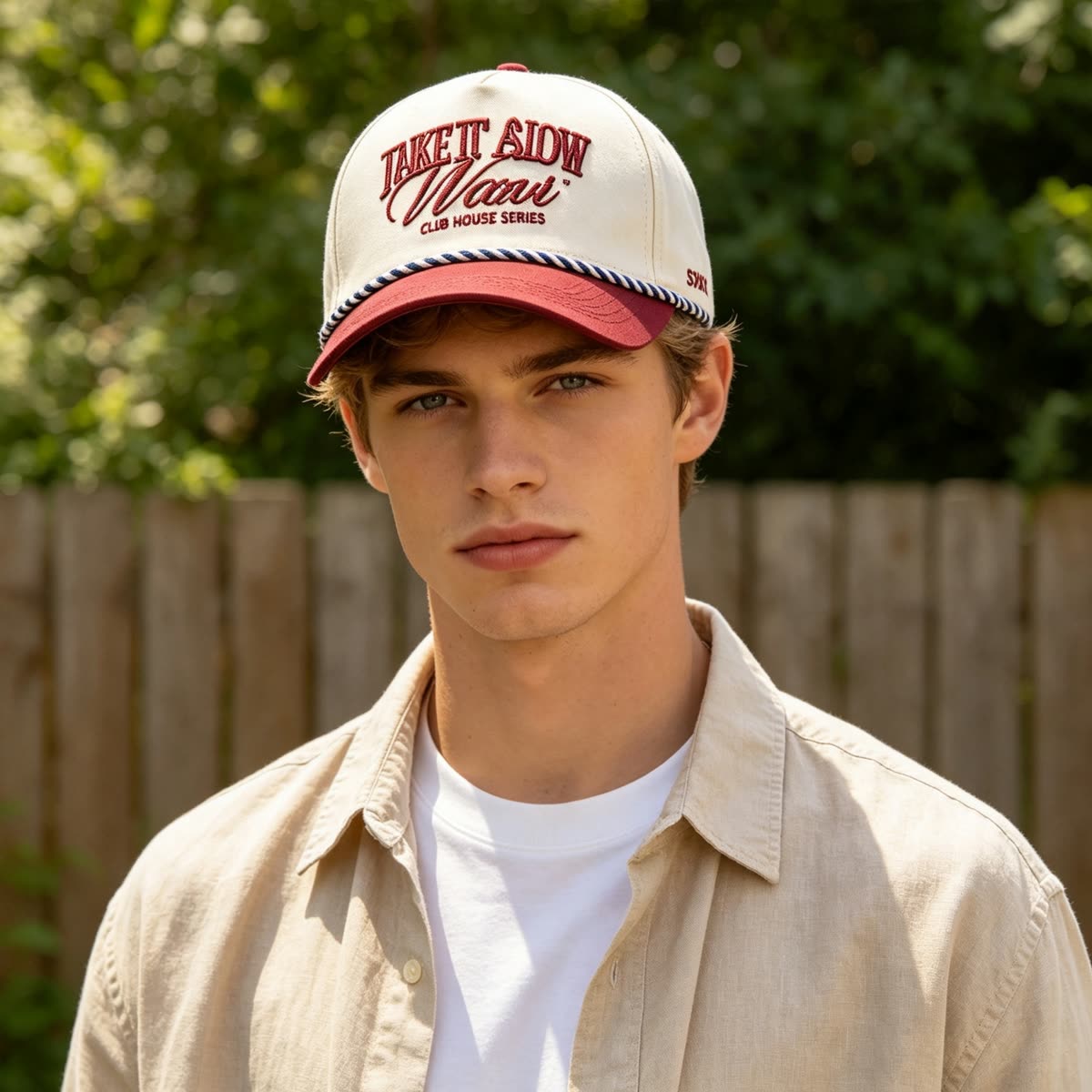 Custom Script Embroidery Camp Cap with Rope Trim on model
