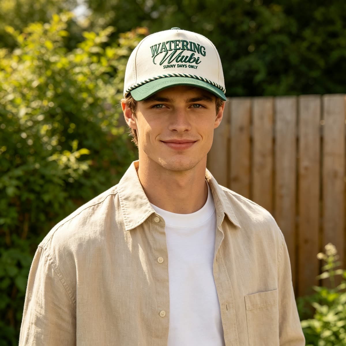 Custom Script Embroidery Camp Cap with Rope Trim on model