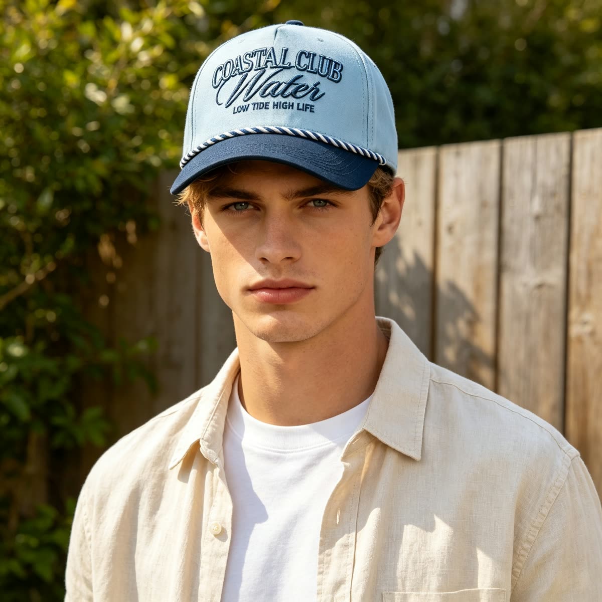 Custom Script Embroidery Camp Cap with Rope Trim on model
