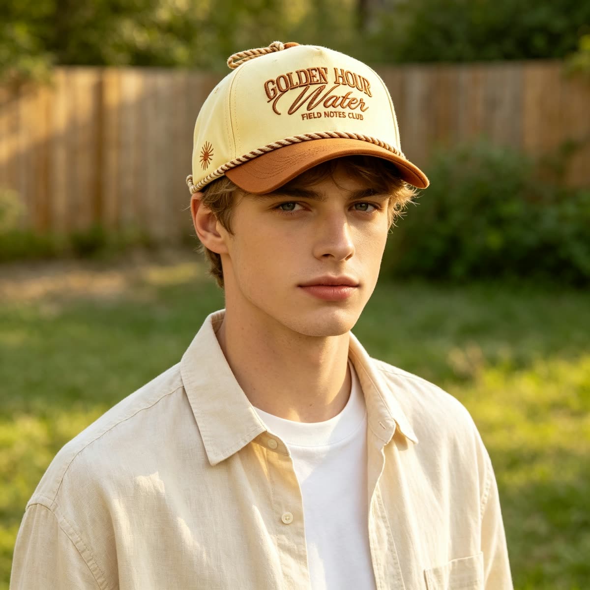 Custom Script Embroidery Camp Cap with Rope Trim on model
