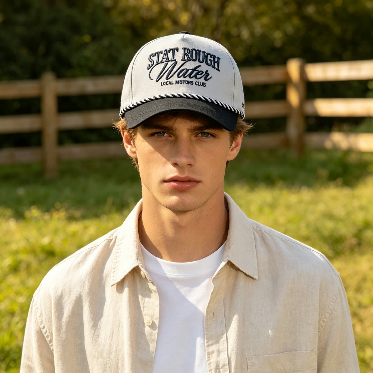 Custom Script Embroidery Camp Cap with Rope Trim on model