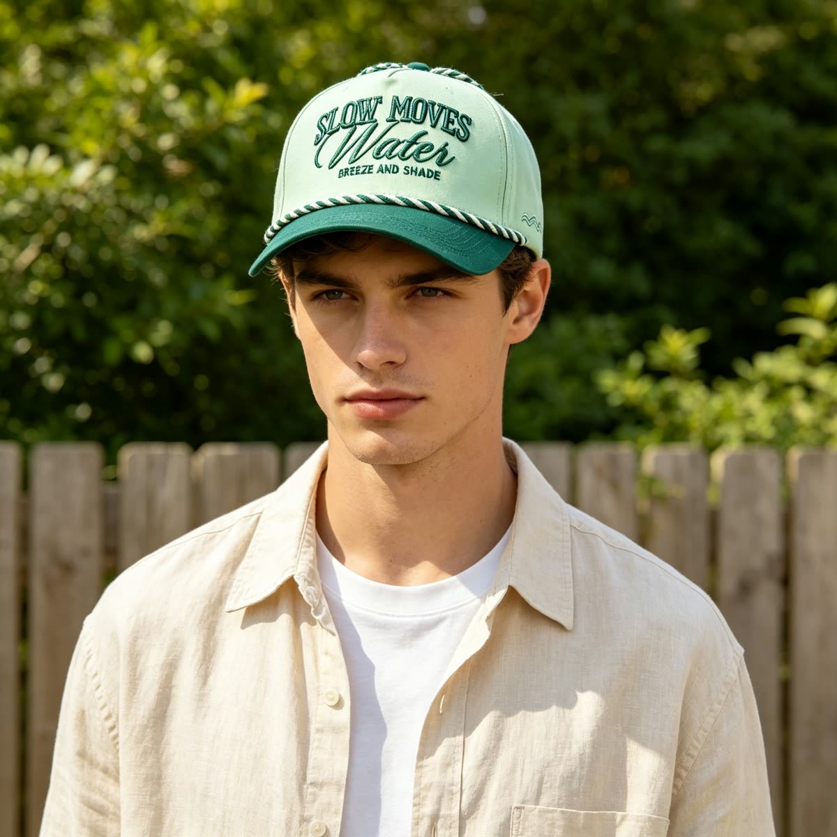 Custom Script Embroidery Camp Cap with Rope Trim on model