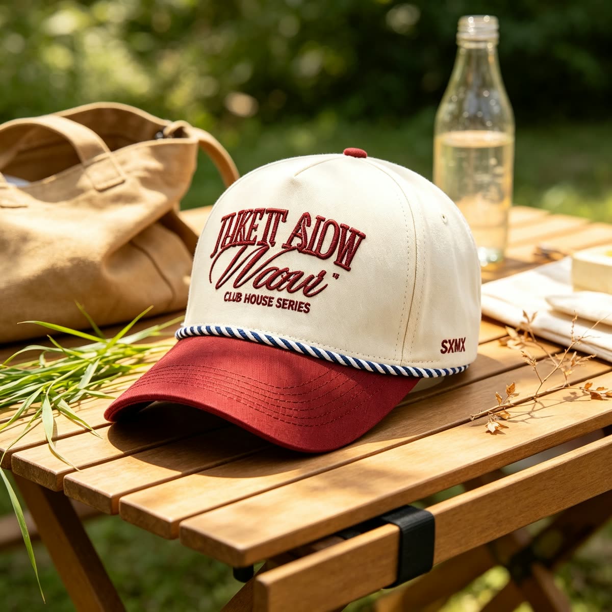Custom Script Embroidery Camp Cap with Rope Trim scene