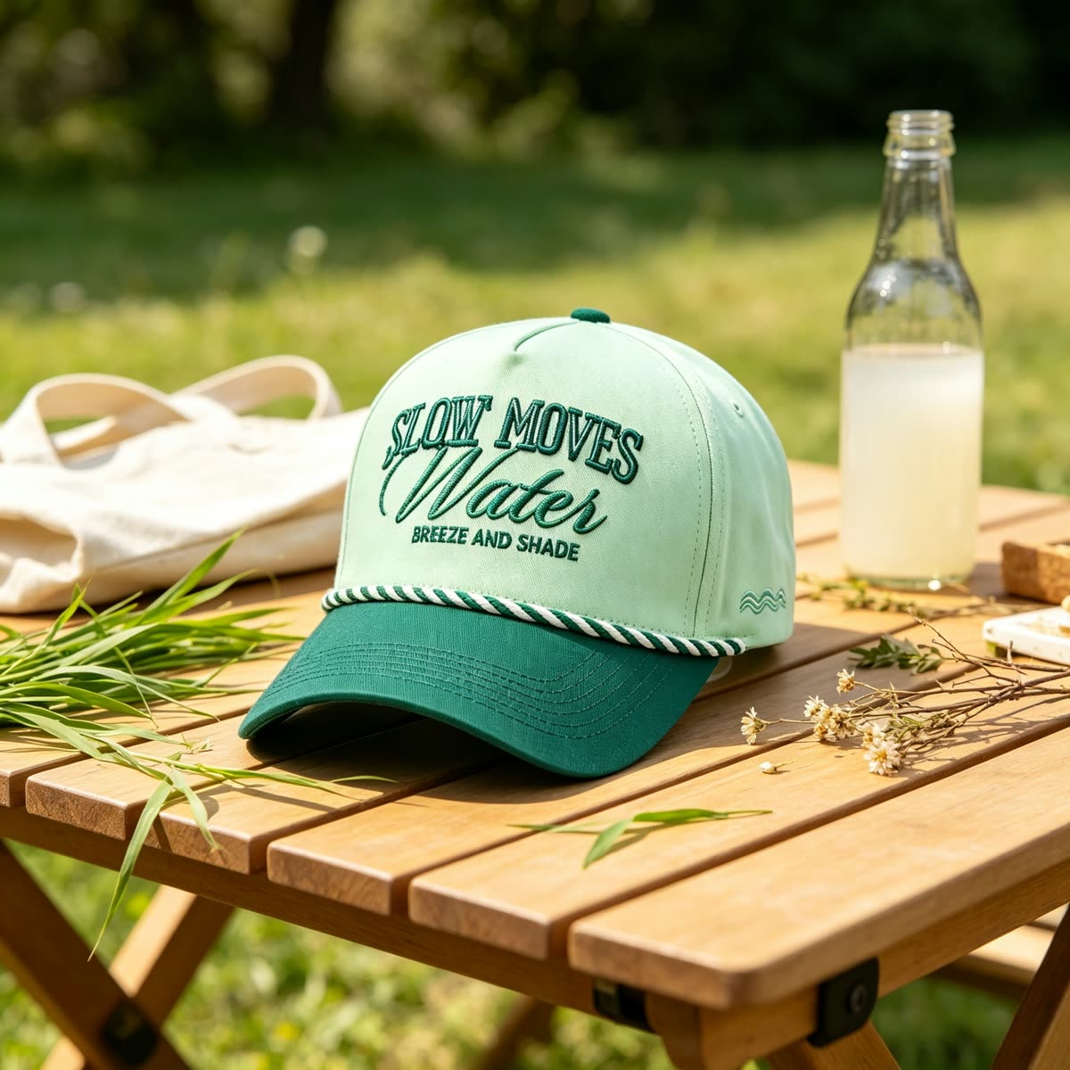 Custom Script Embroidery Camp Cap with Rope Trim scene