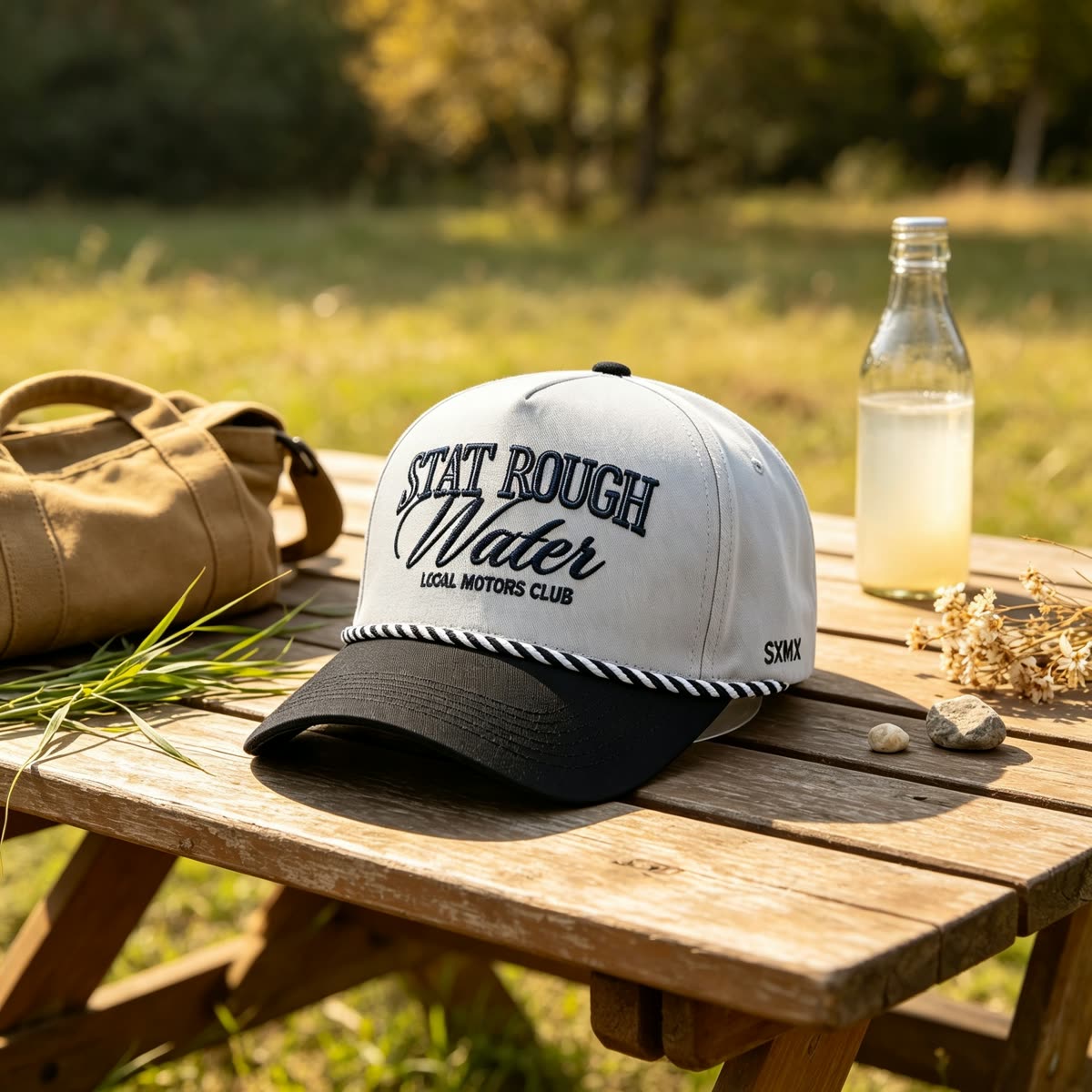 Custom Script Embroidery Camp Cap with Rope Trim scene