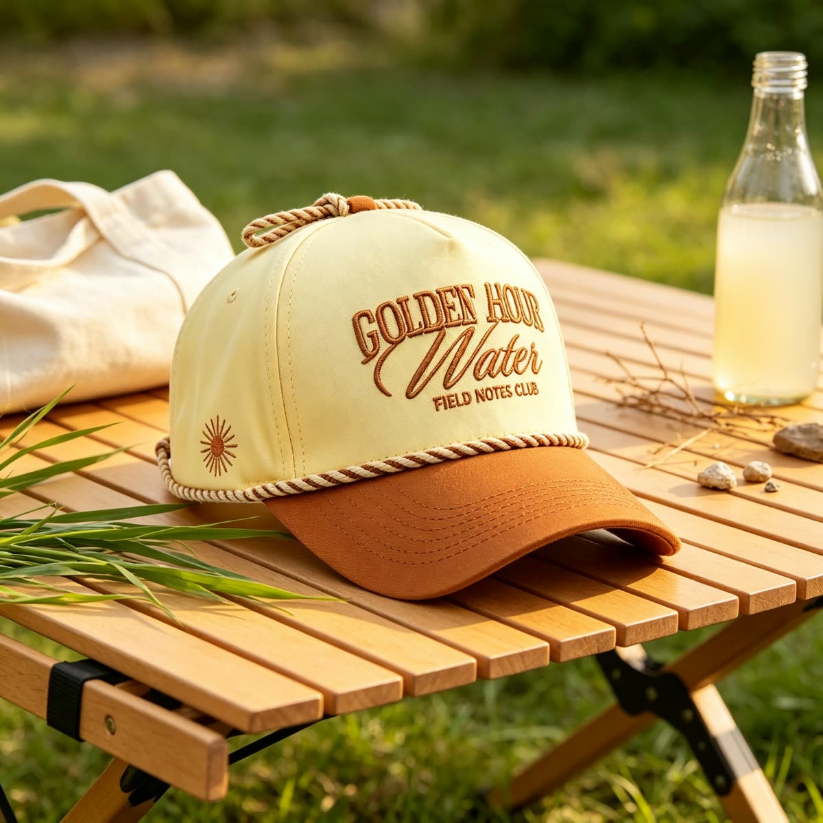 Custom Script Embroidery Camp Cap with Rope Trim scene
