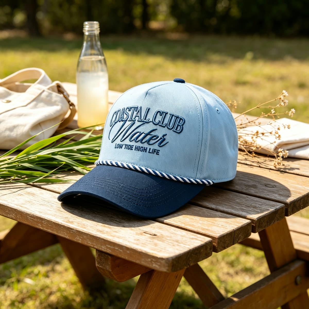 Custom Script Embroidery Camp Cap with Rope Trim scene