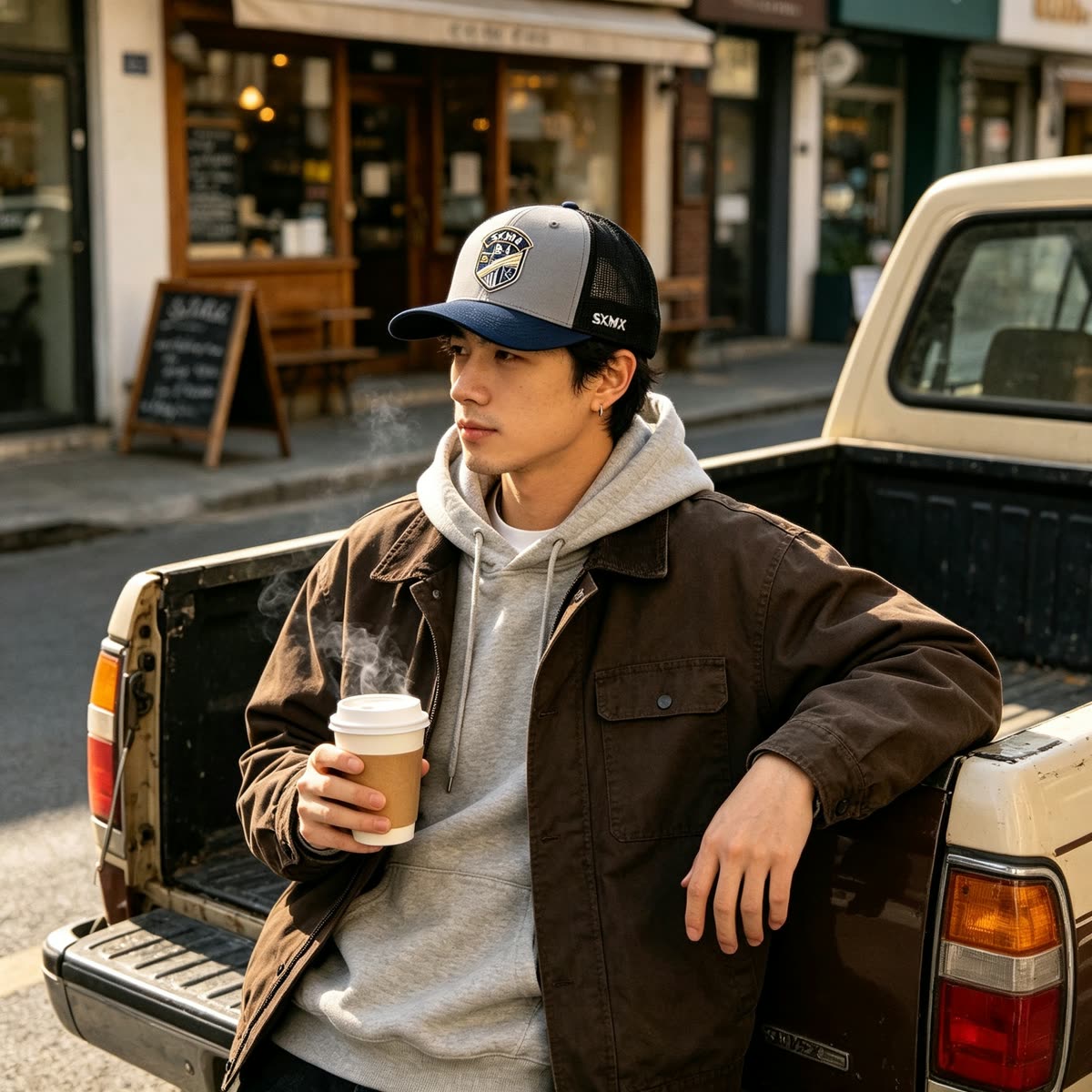Custom Shield Badge Trucker Cap with Black Mesh Back on model