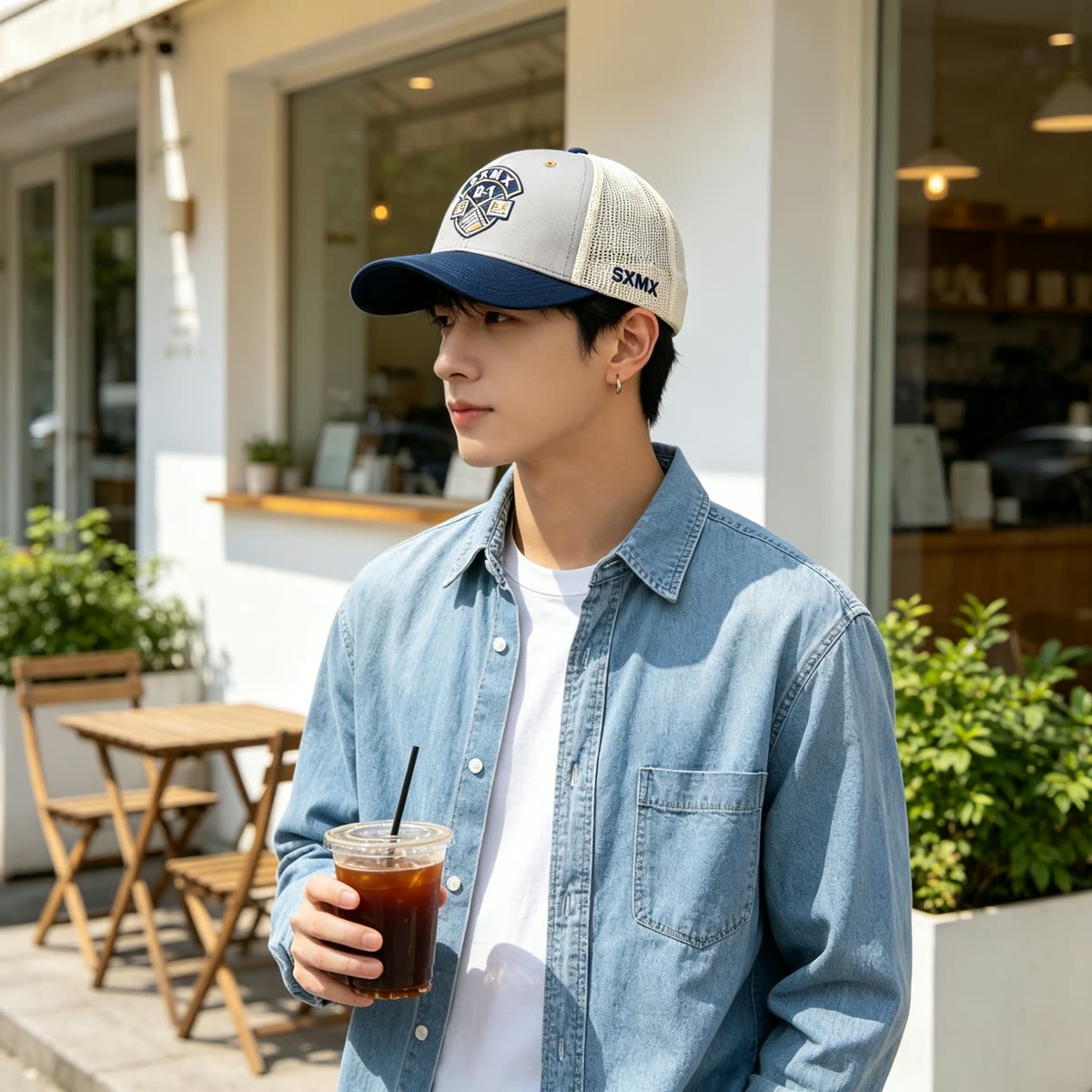 Custom Shield Badge Trucker Cap with Black Mesh Back on model