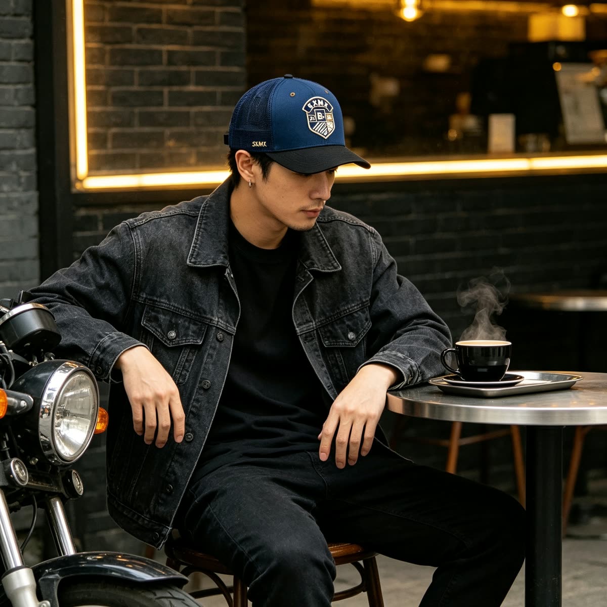 Custom Shield Badge Trucker Cap with Black Mesh Back on model