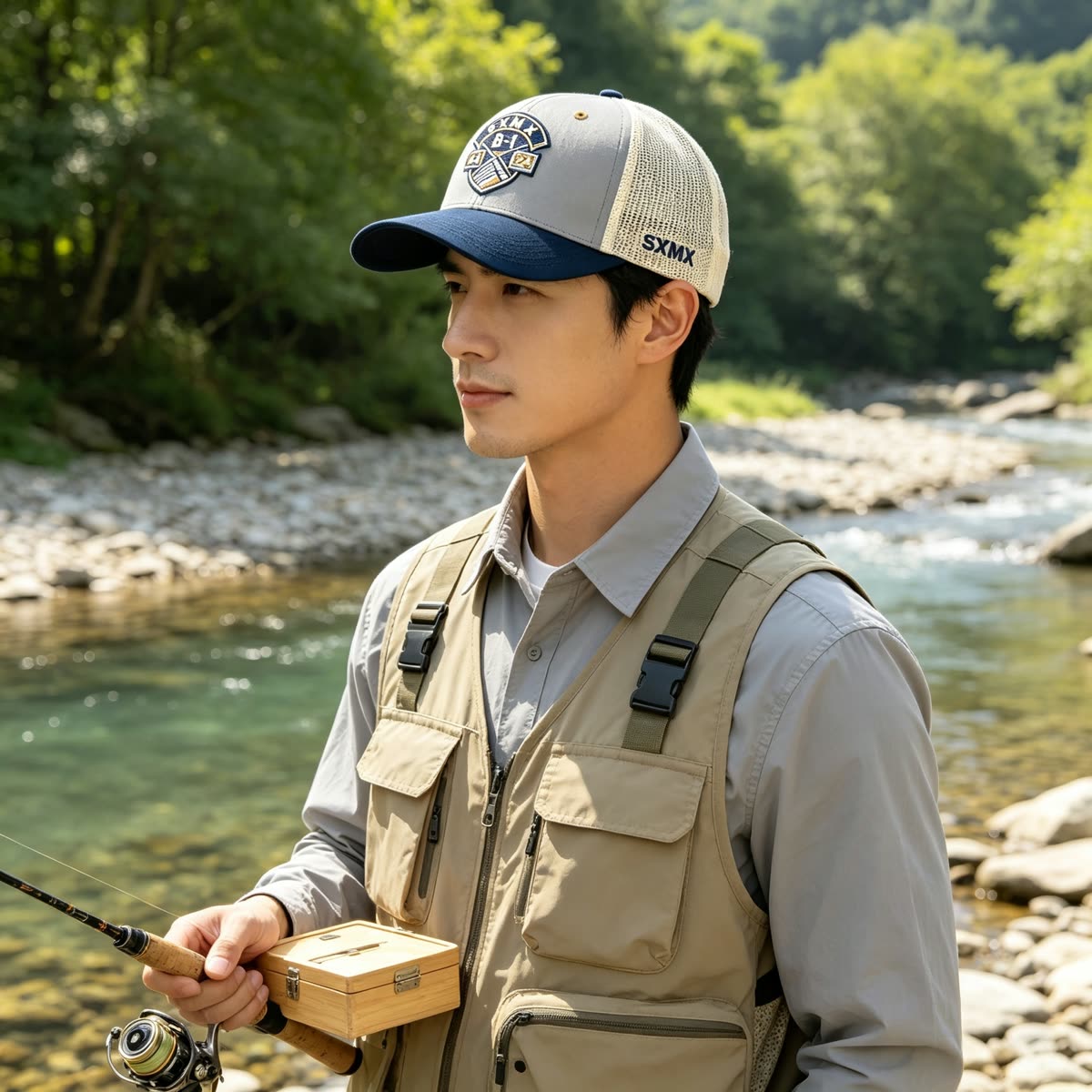 Custom Shield Badge Trucker Cap with Black Mesh Back on model
