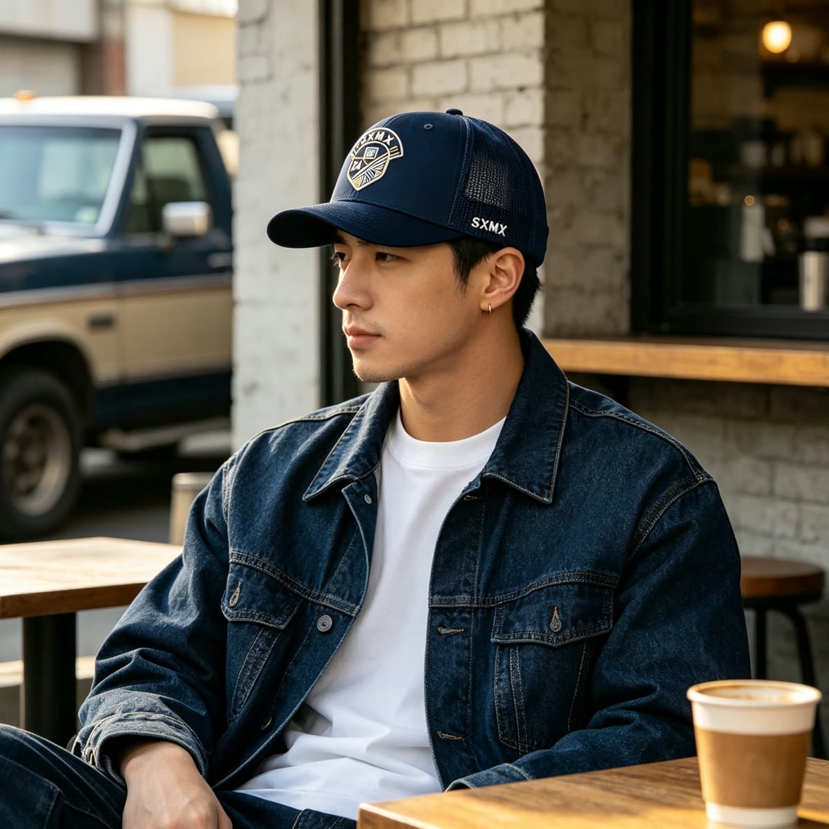 Custom Shield Badge Trucker Cap with Black Mesh Back on model