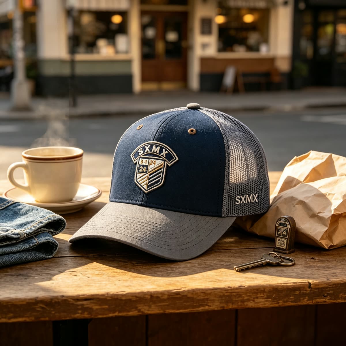 Custom Shield Badge Trucker Cap with Black Mesh Back scene