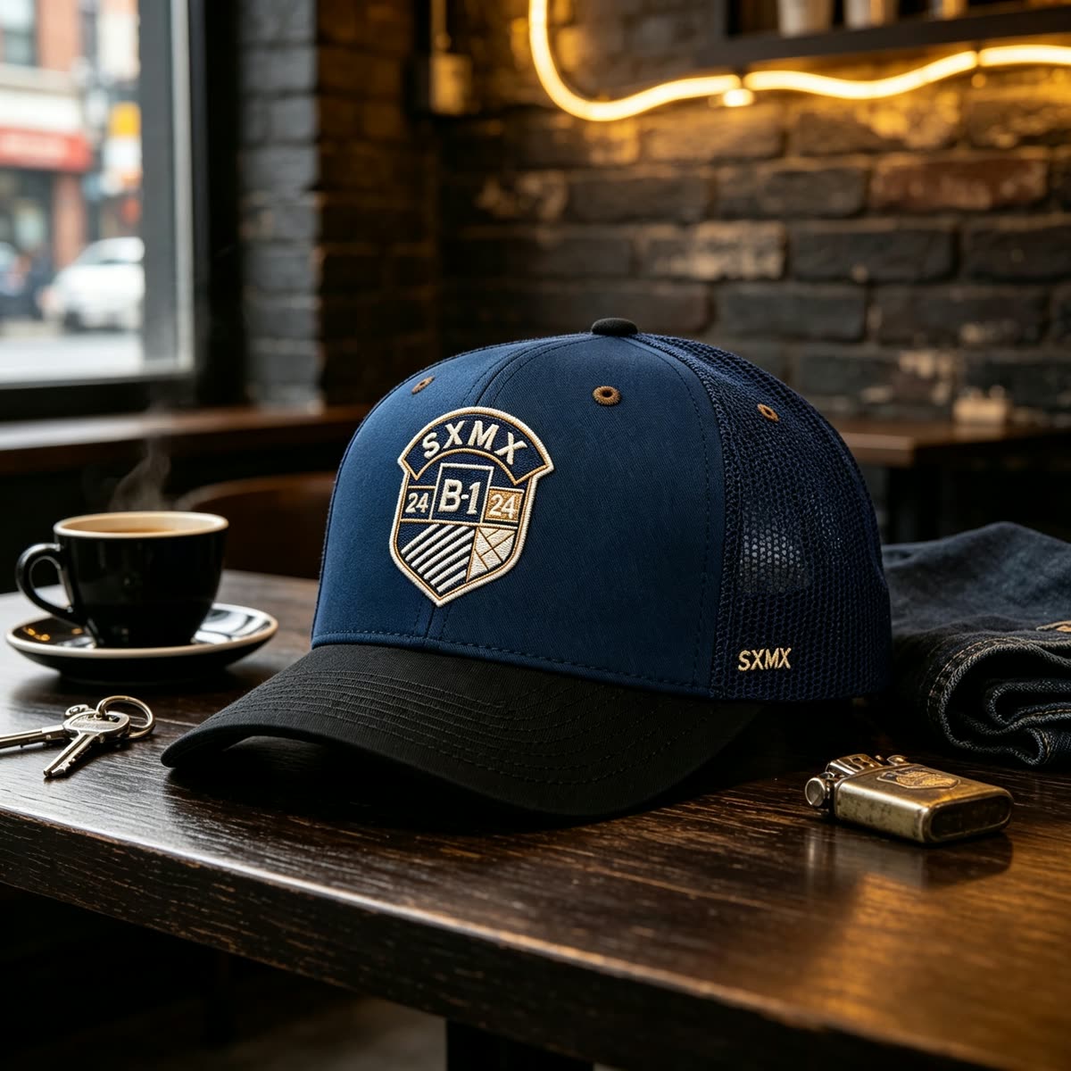 Custom Shield Badge Trucker Cap with Black Mesh Back scene