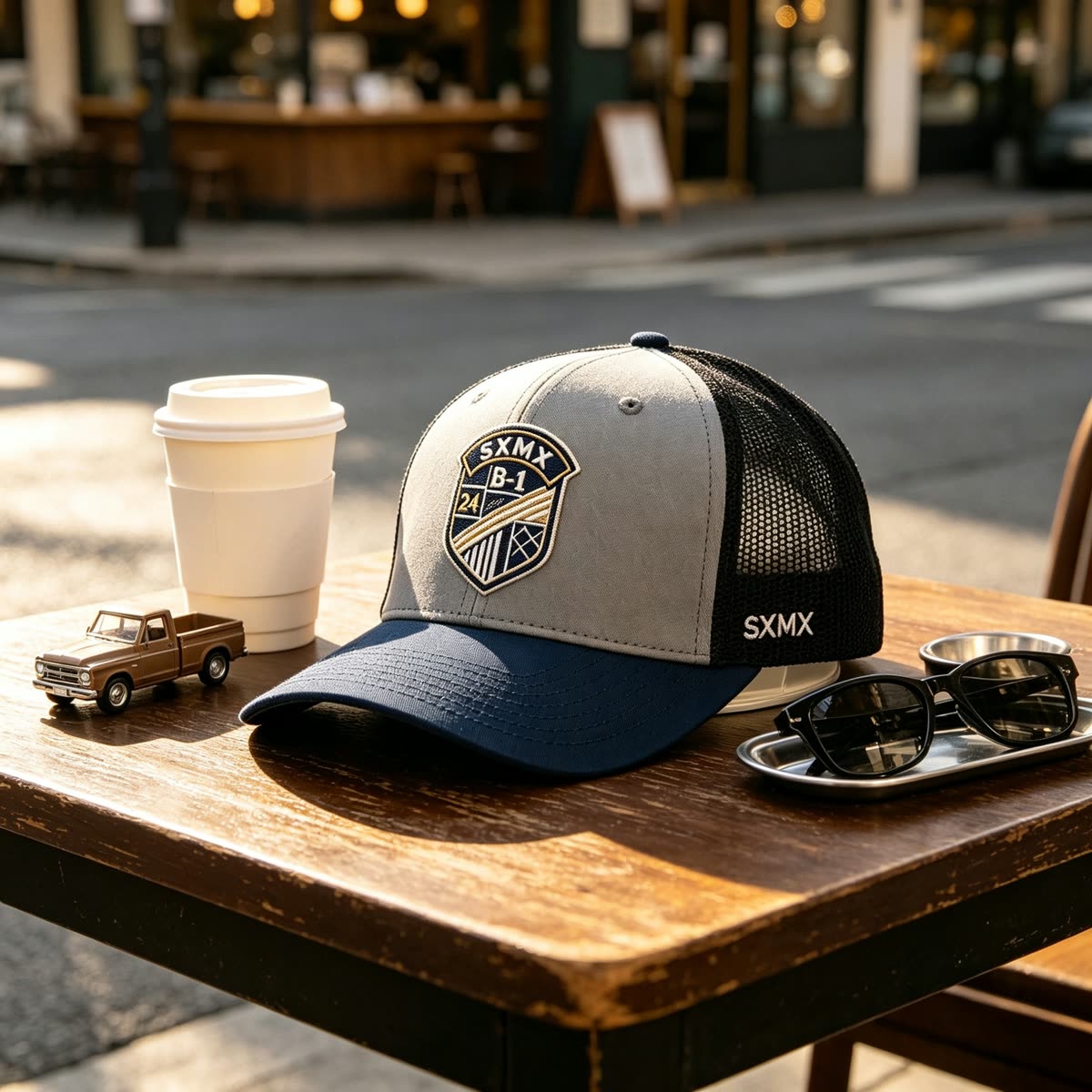 Custom Shield Badge Trucker Cap with Black Mesh Back scene