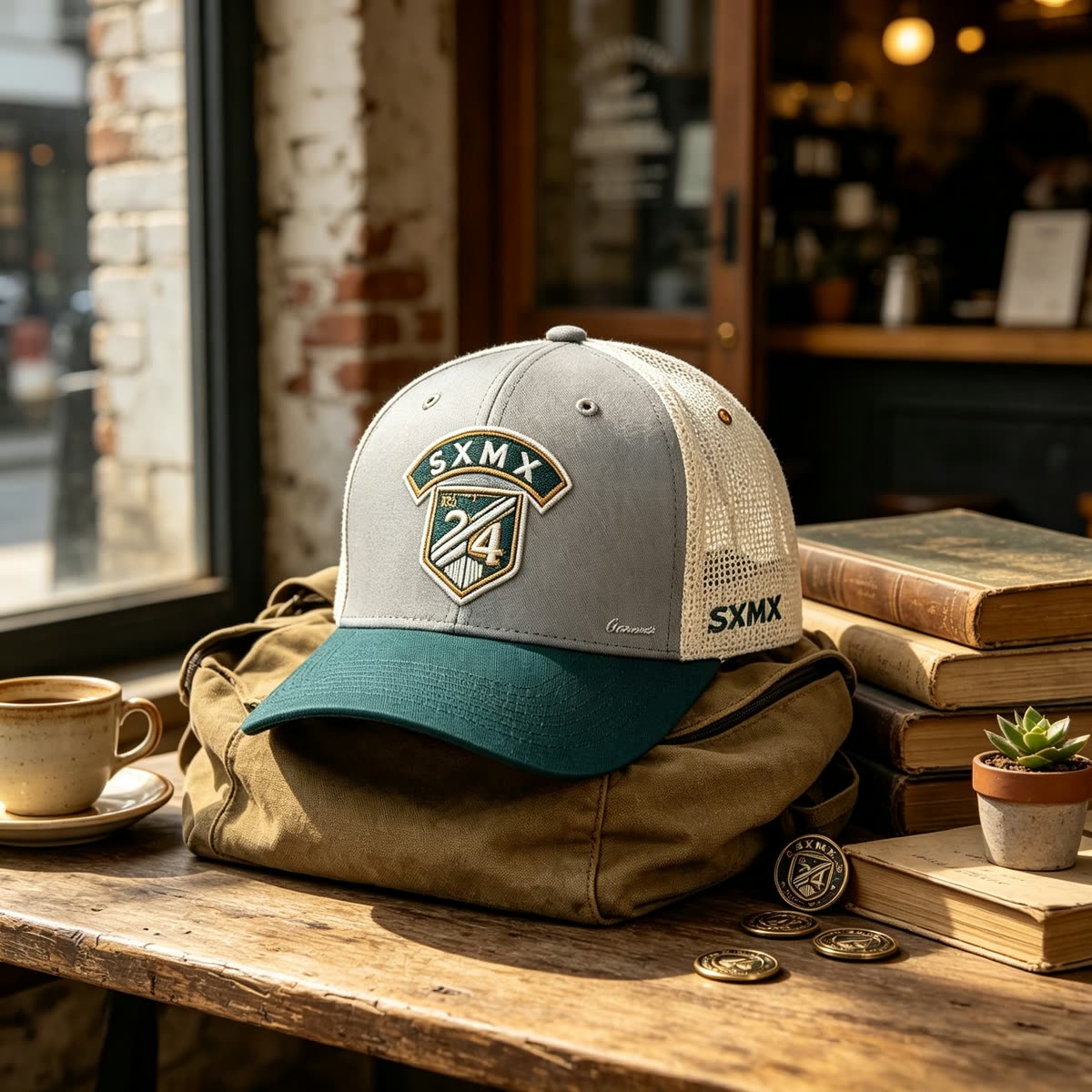Custom Shield Badge Trucker Cap with Black Mesh Back scene