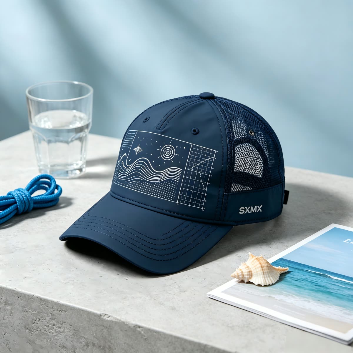 Custom Navy Wave Chart Trucker Cap with Mesh Back scene