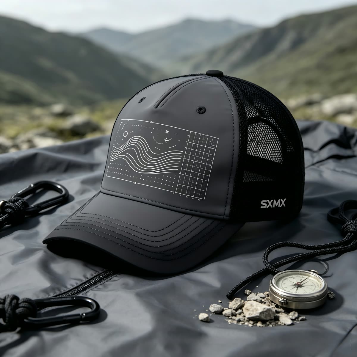 Custom Navy Wave Chart Trucker Cap with Mesh Back scene