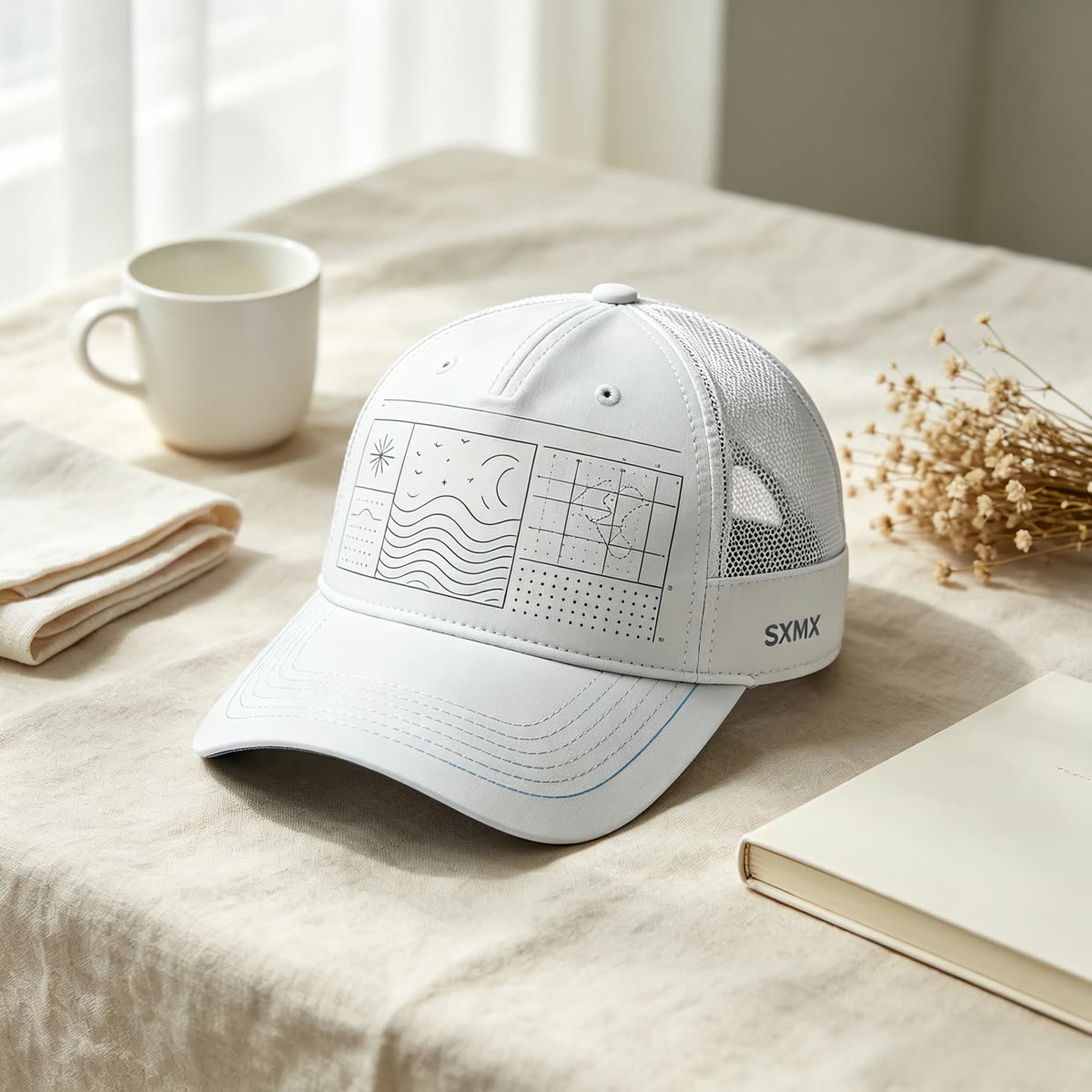 Custom Navy Wave Chart Trucker Cap with Mesh Back scene