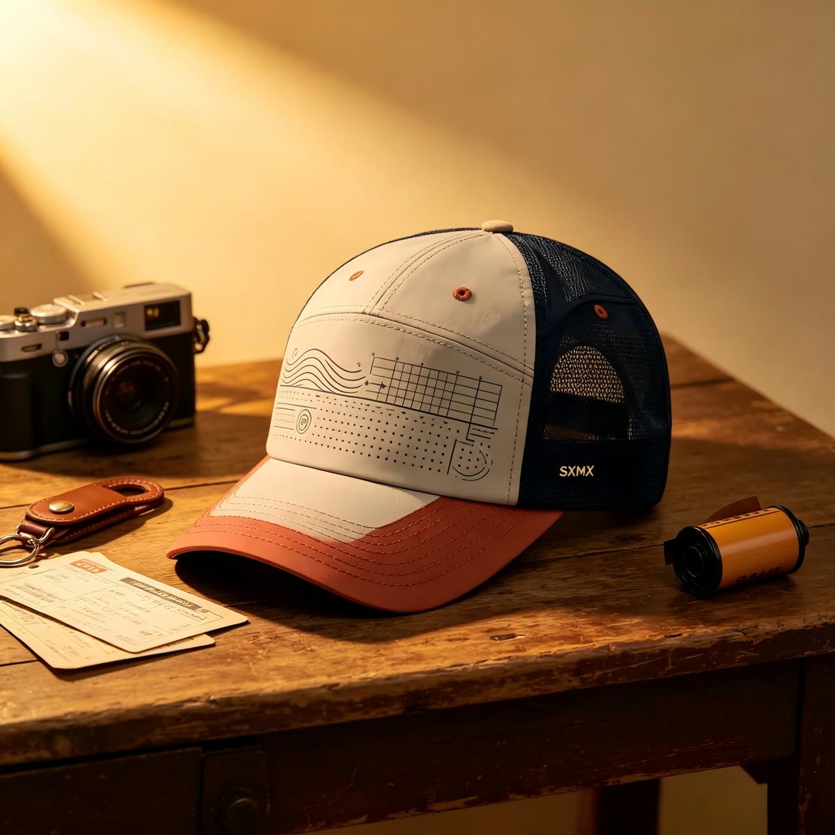 Custom Navy Wave Chart Trucker Cap with Mesh Back scene