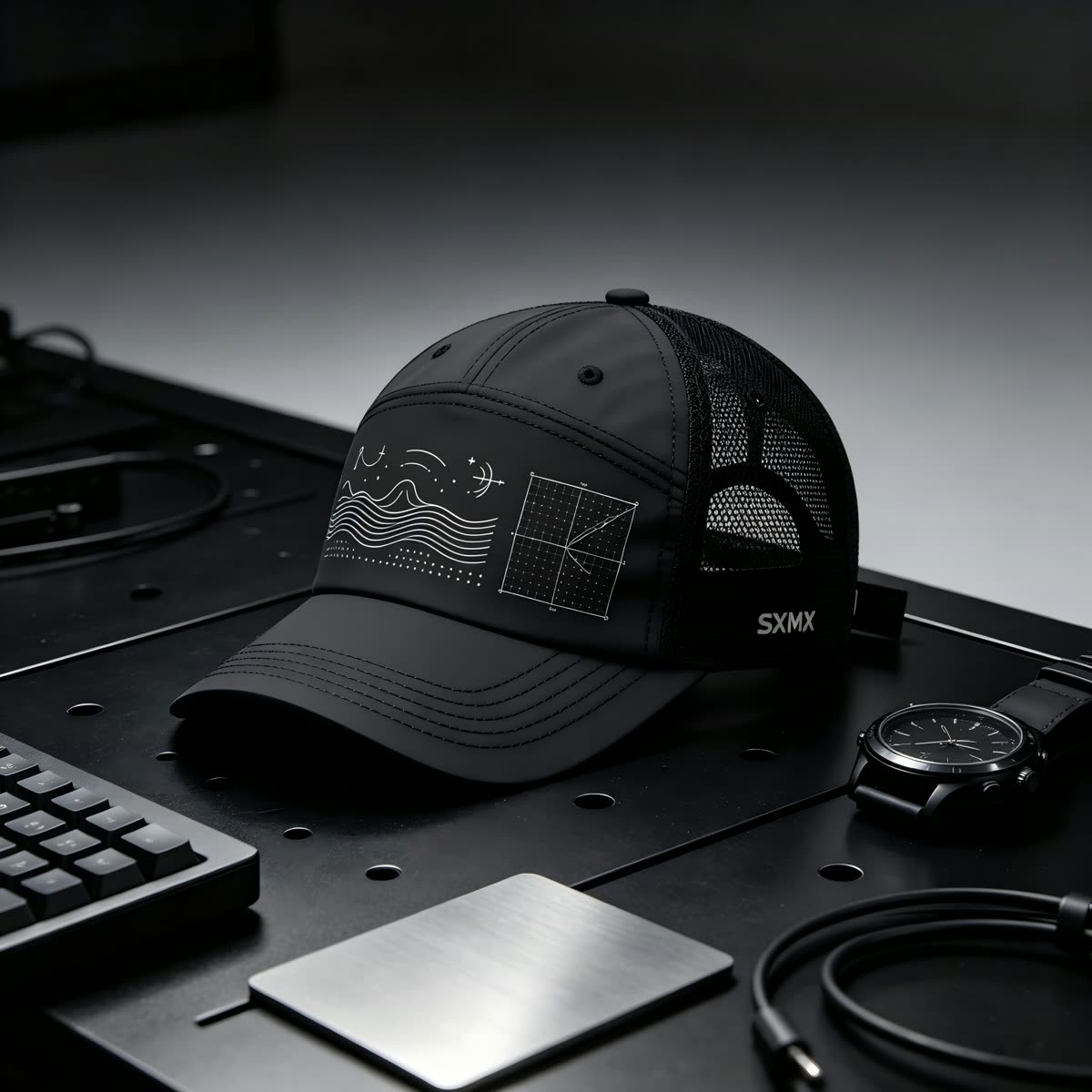 Custom Navy Wave Chart Trucker Cap with Mesh Back scene