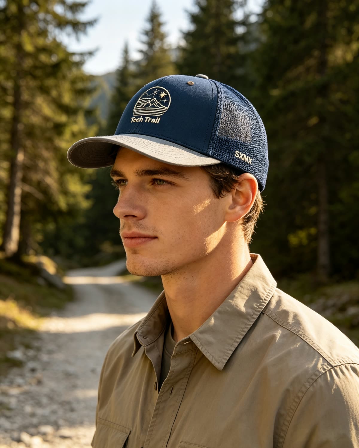 Custom Mountain Wave Patch Trucker Cap with Mesh Back on model