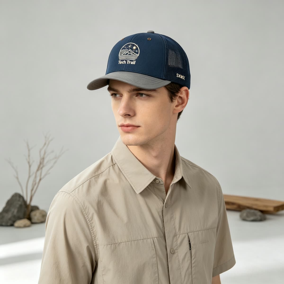 Custom Mountain Wave Patch Trucker Cap with Mesh Back on model