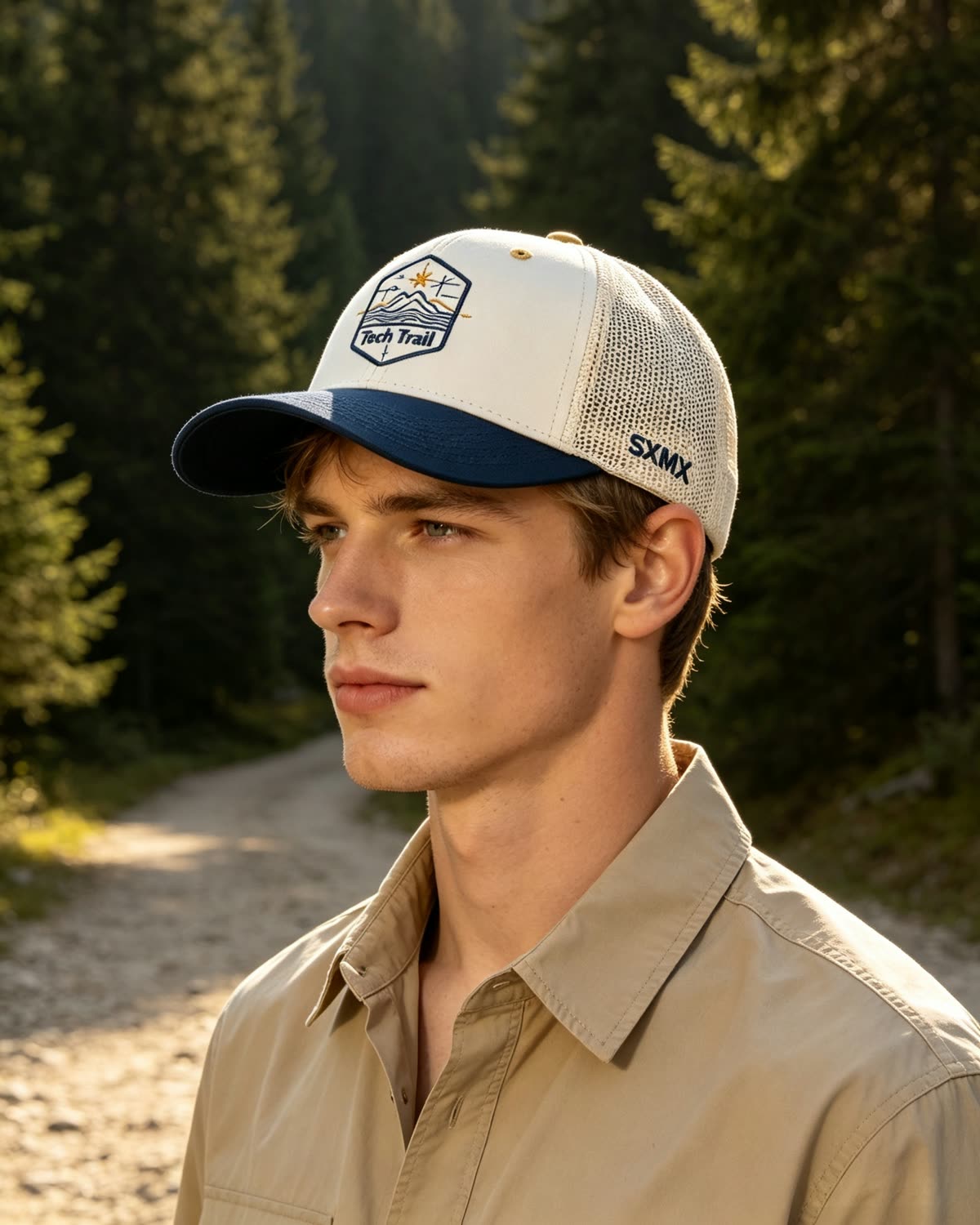 Custom Mountain Wave Patch Trucker Cap with Mesh Back on model