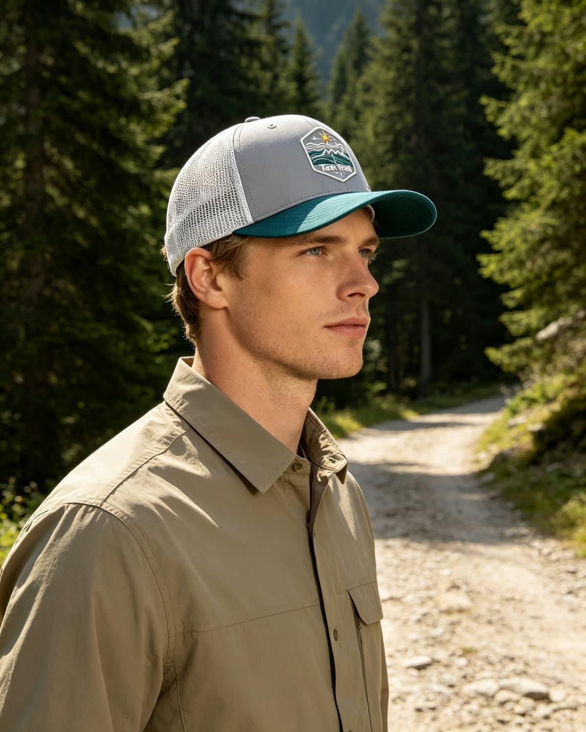 Custom Mountain Wave Patch Trucker Cap with Mesh Back on model