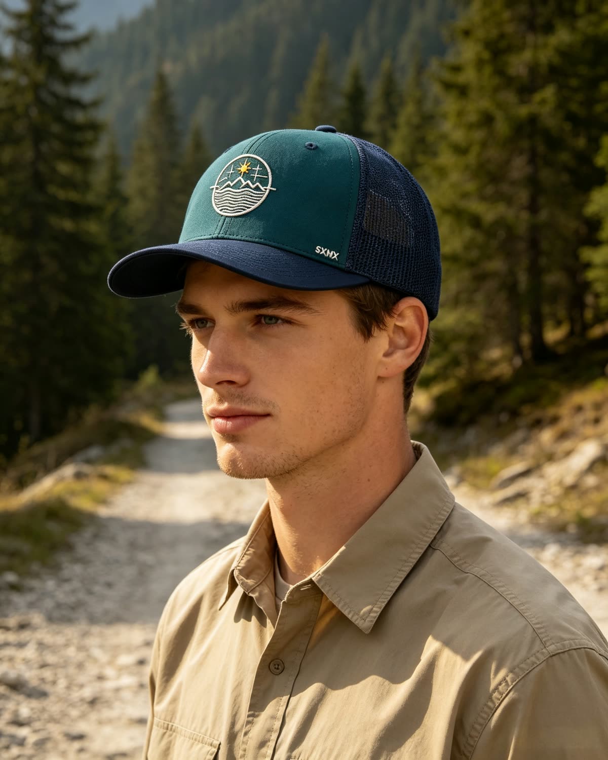 Custom Mountain Wave Patch Trucker Cap with Mesh Back on model
