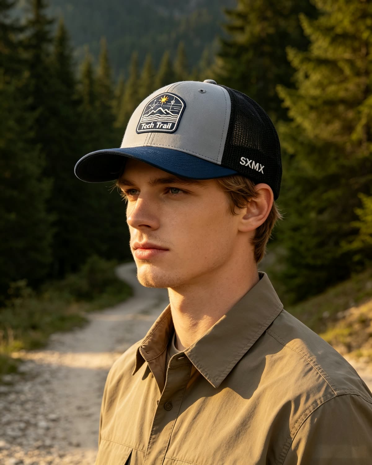 Custom Mountain Wave Patch Trucker Cap with Mesh Back on model